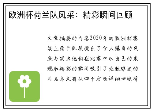 欧洲杯荷兰队风采：精彩瞬间回顾